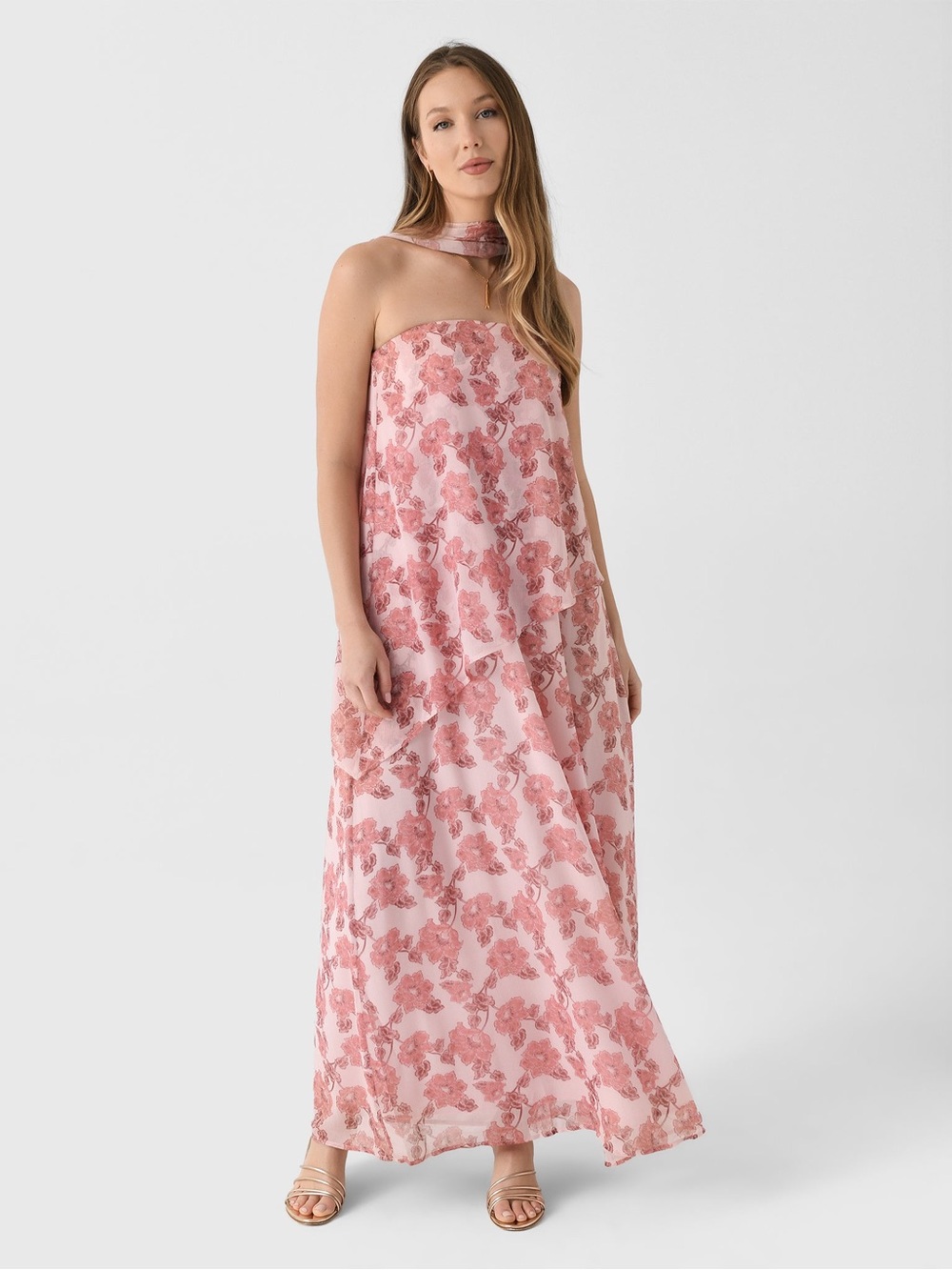 Hansen Gretel Strapless Pink Floral Maxi Dress with Choker